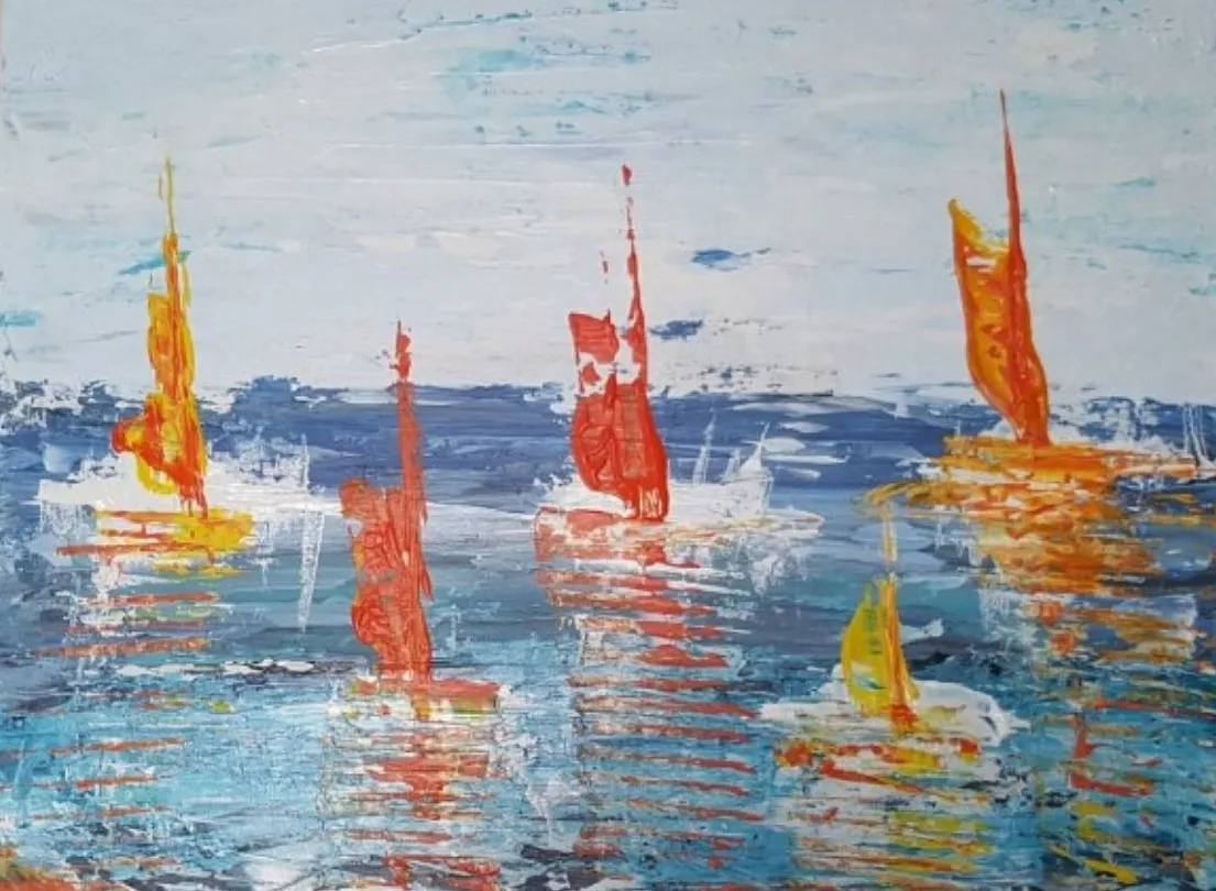 Orange and red sailing boats glide across a textured blue sea under a pale sky, painted with lively palette-knife strokes.