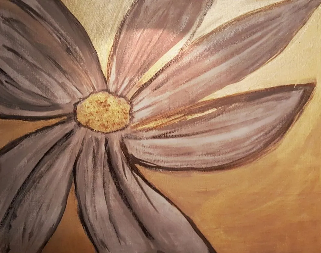 A large mauve flower with sweeping petals and a golden centre against a warm amber background.