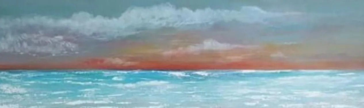 A long panoramic seascape at dusk: turquoise surf rolls beneath a band of coral-red sunset and soft grey-blue clouds.