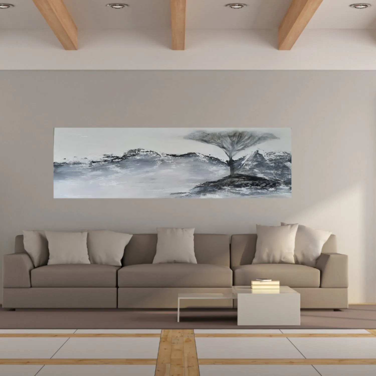 Misty Landscape hanging in a furnished room