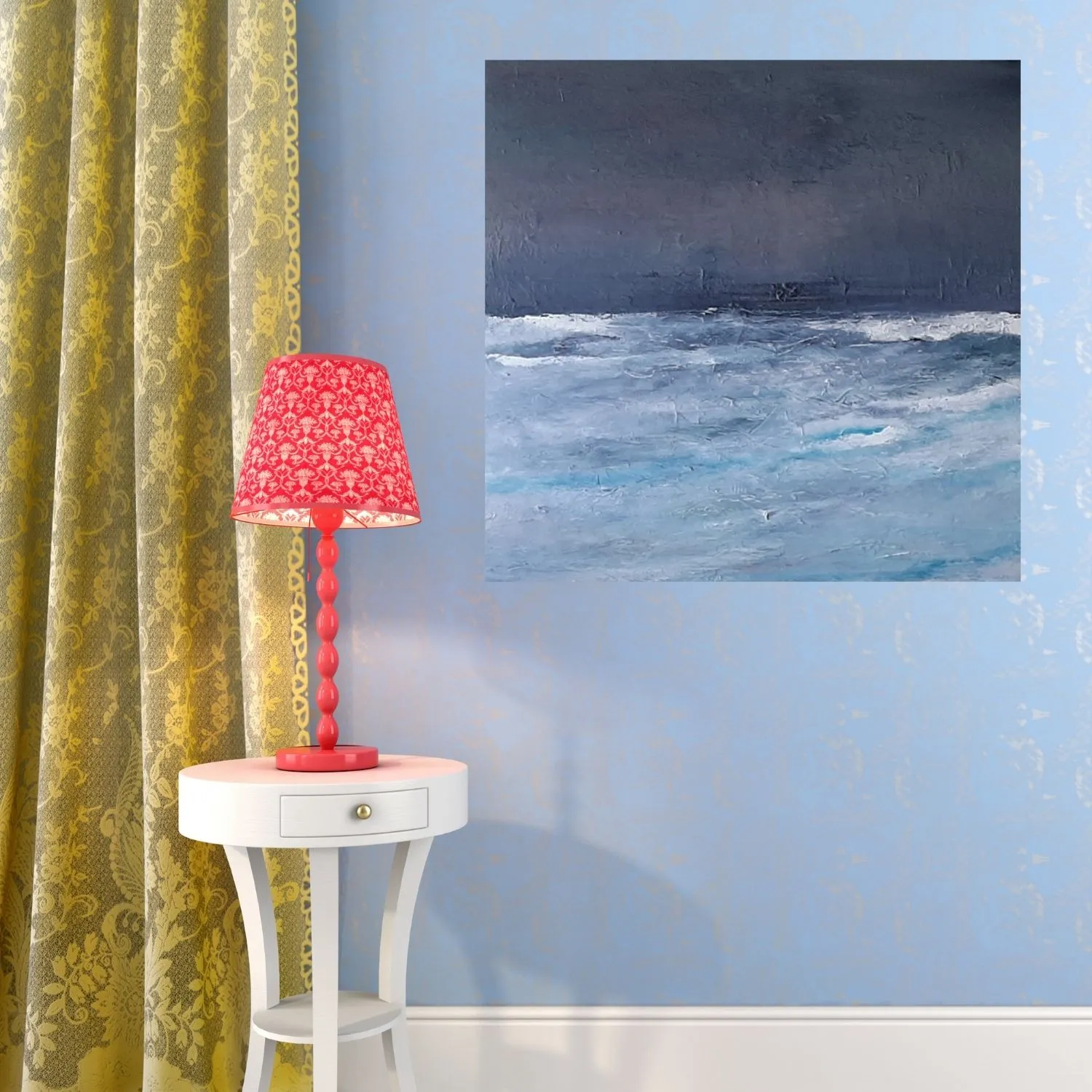 Dark Skyes 1 hanging in a furnished room
